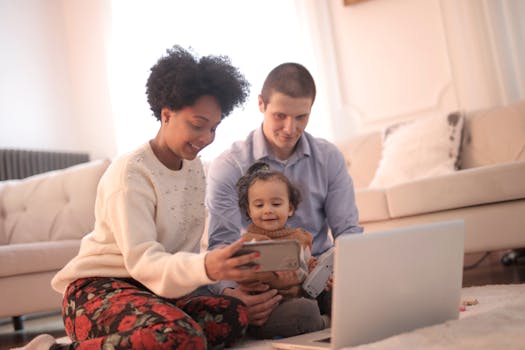 Image of a happy family in front of their mobile home